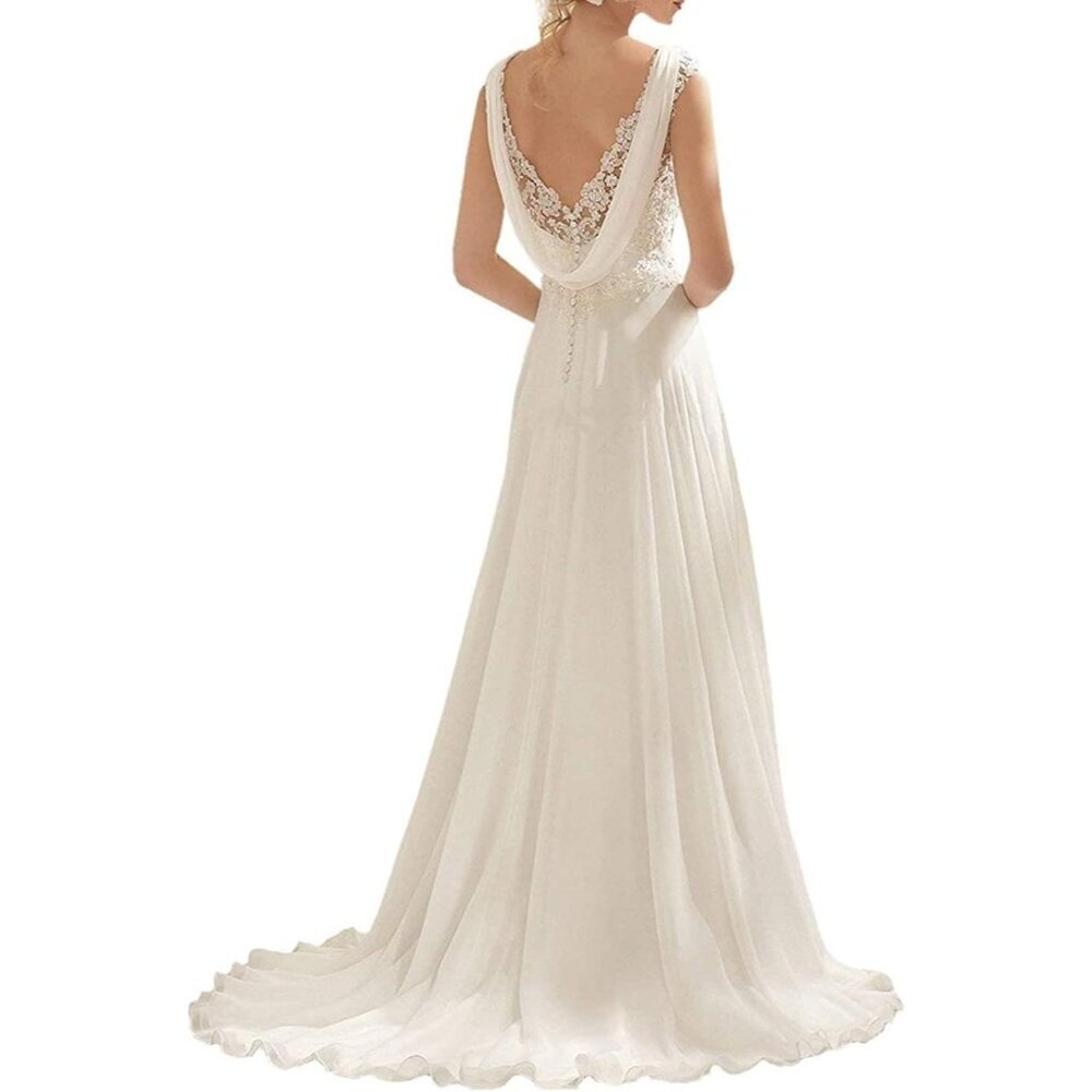 Women's Off-white Lace Double V-neck Sleeveless Imported Evening Wedding Dress - Picture 4 of 6
